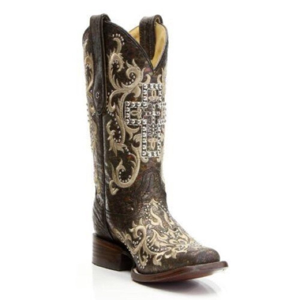Corral brown studded cross square toed boot